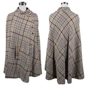 VTG 60s 70s Wool Houndstooth Plaid Cape Coat Cloak Heavy Union Made *READ*